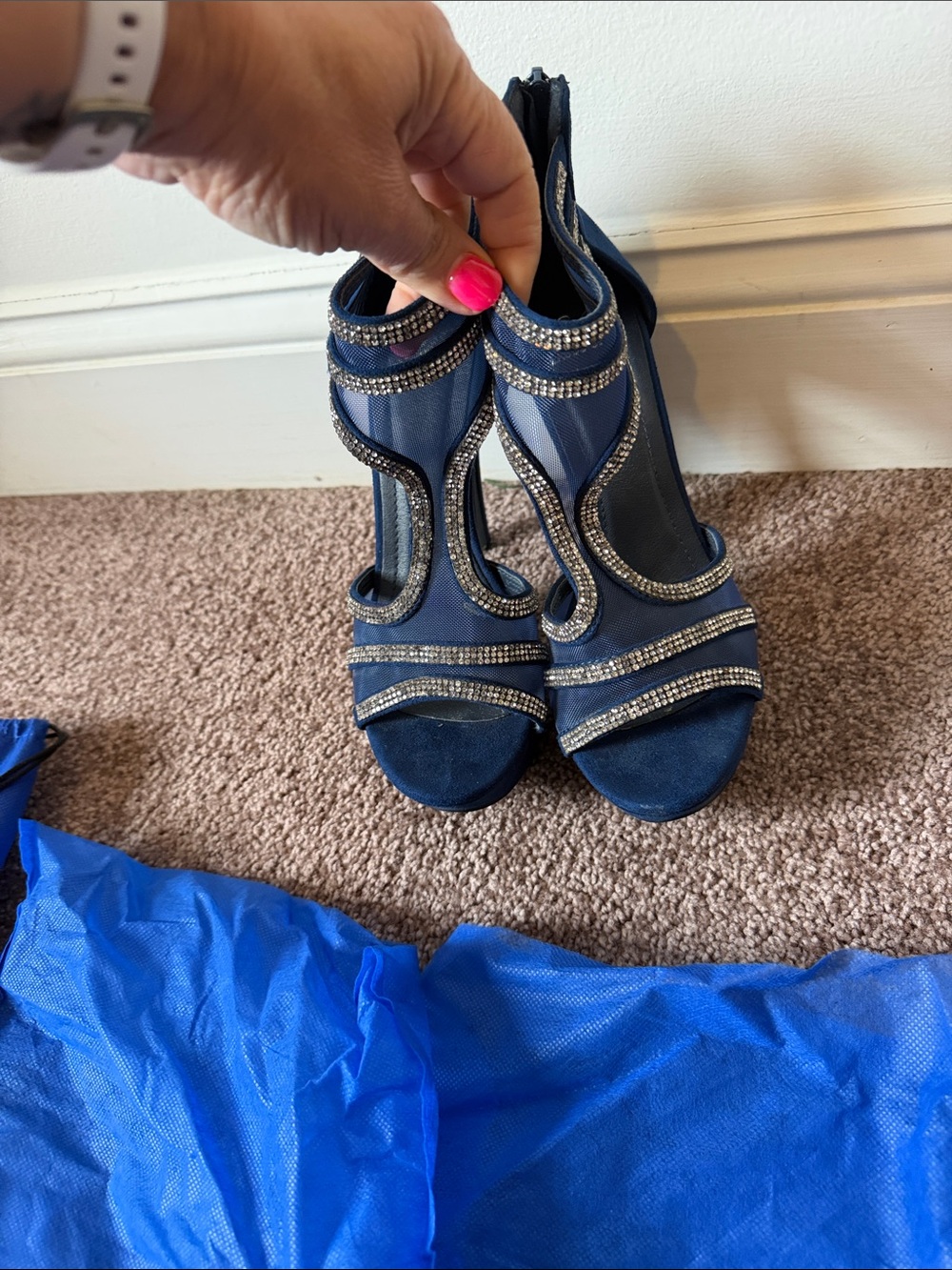 Embellished Navy Open-Toe Heels with Back Zip
